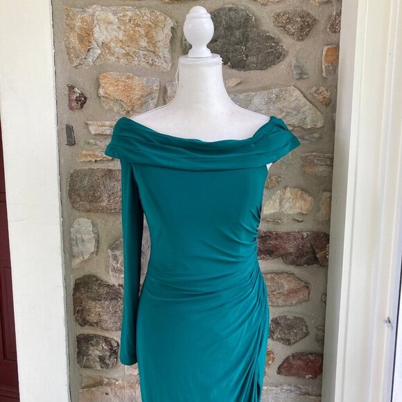 NWT Mac Duggal Ieena RUCHED JERSEY DROP One SHOULDER FOLDOVER Long Fitted Gown - Picture 5 of 7